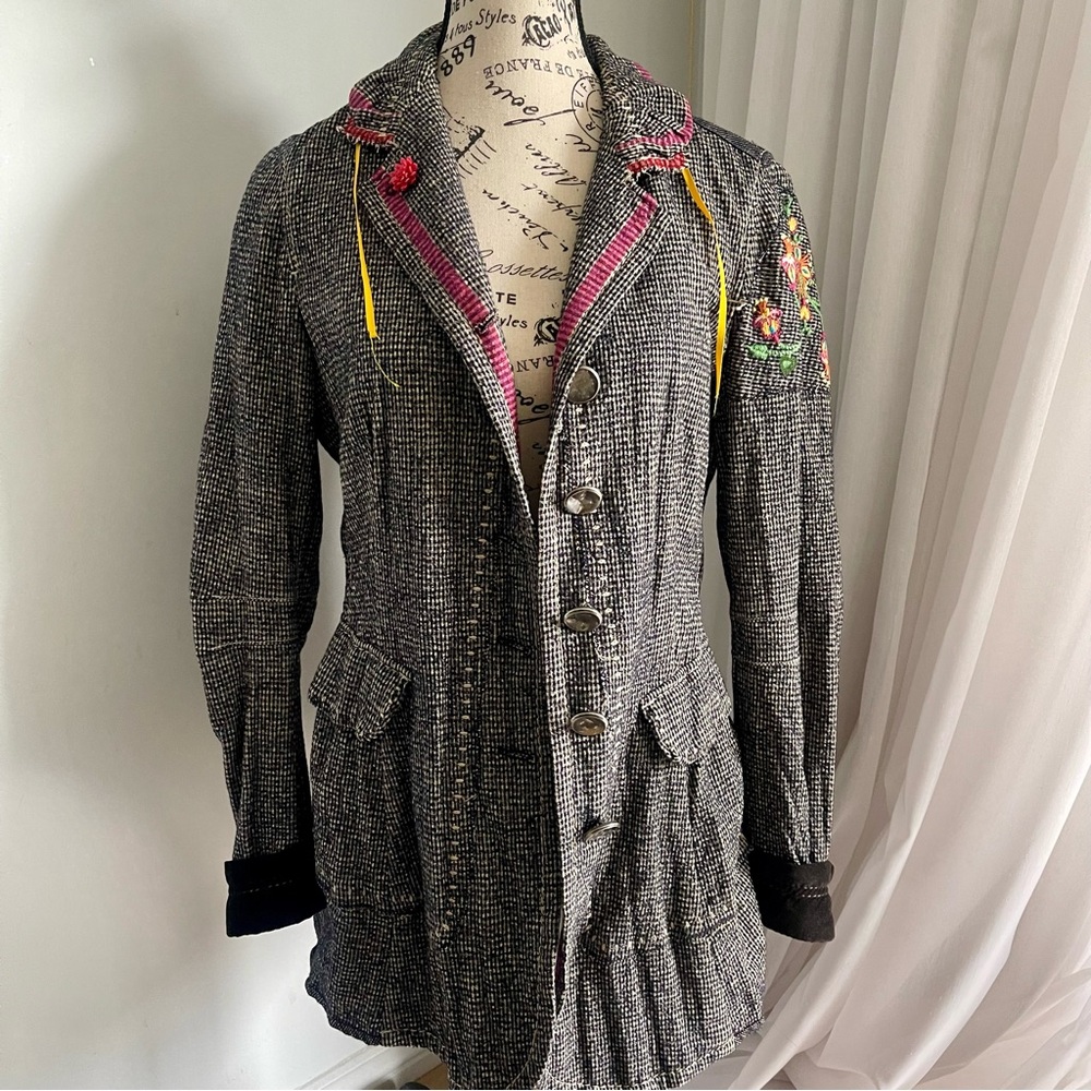 Marithe Francois Girbaud Black & Gray Tweed Blazer with Pink Trim and Embroidery